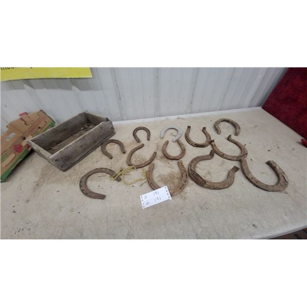 Collection of Assorted Iron Horseshoes with Wooden Box, Approximately 15 Pieces and More