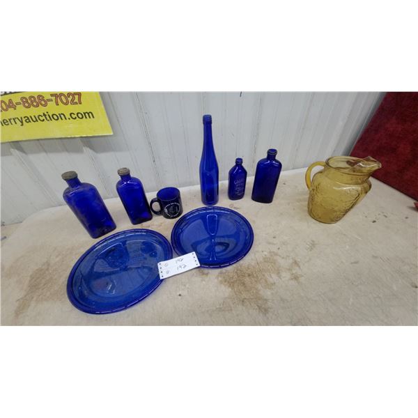 Cobalt Blue Glass Platters, Apothecary Bottles, Mug, Amber Pitcher, and More