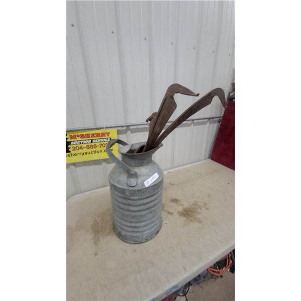 Vintage Galvanized Fuel Can with Antique Sickle Blades