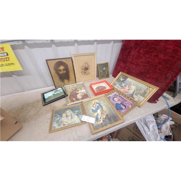 Collection of Framed Religious Prints and Floral Artwork and More