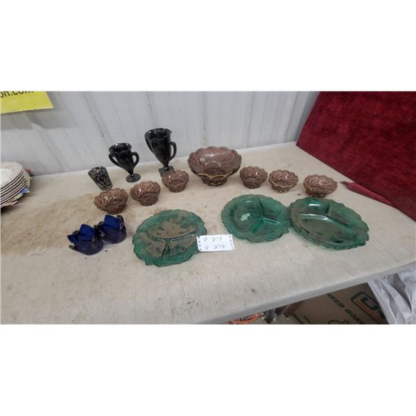Indiana Glass Lorelei Bowls, Fenton Black Amethyst Vases, Green Divided Dishes, and More
