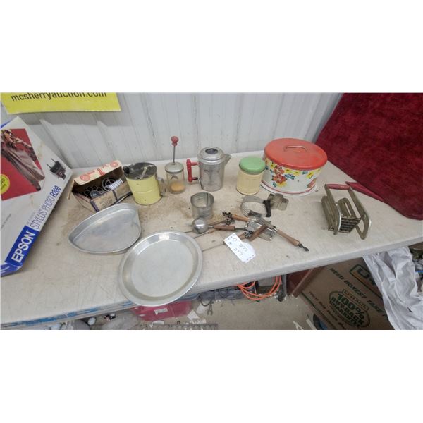 Vintage Kitchen Collectibles: Flour Sifter, Tin Canisters, Baking Pans, Cookie Cutters, and More