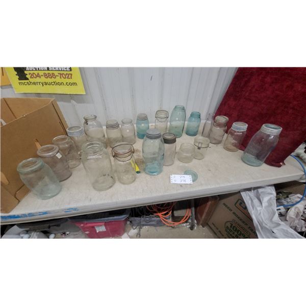 Collection of Antique and Vintage Glass Canning and Mason Jars in Assorted Sizes and Colors