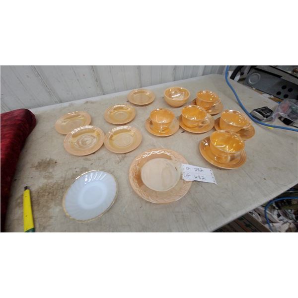Federal Glass firekingMadrid Peach Lustre Cups, Saucers, Plates, and Milk Glass Platter