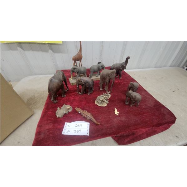 Collection of Carved Wooden Elephant Figurines, Crocodile, Giraffe, and More