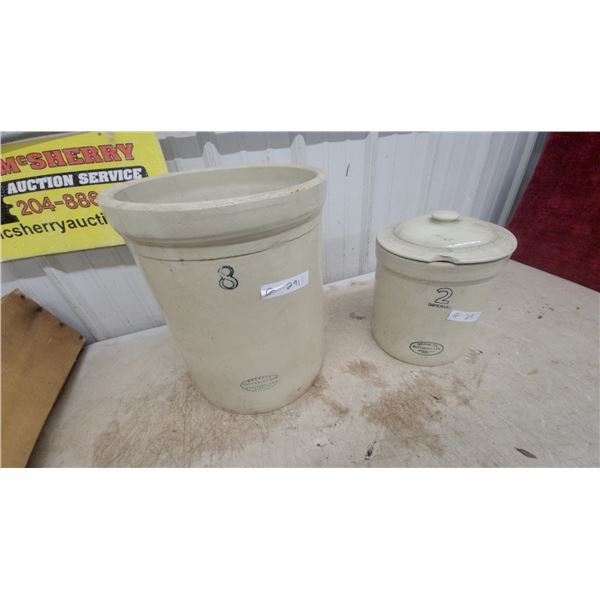 Medalta Potteries 8-Gallon Stoneware Crock with Crack and 2 Imperial Gallon Crock with Lid