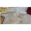 Image 1 : Medalta Potteries 8-Gallon Stoneware Crock with Crack and 2 Imperial Gallon Crock with Lid