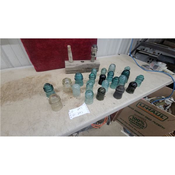 Collection of Vintage Glass Electrical Insulators in Various Colors with Wooden Pin and More