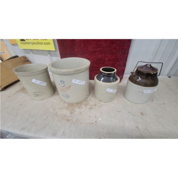 Red Wing Union Stoneware 3-Gallon Crock, Red Wing Crock, and Two Stoneware Jugs