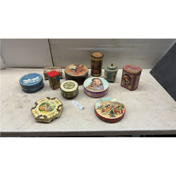Collection of Vintage Decorative Tin Containers Including Victorian Memories and More