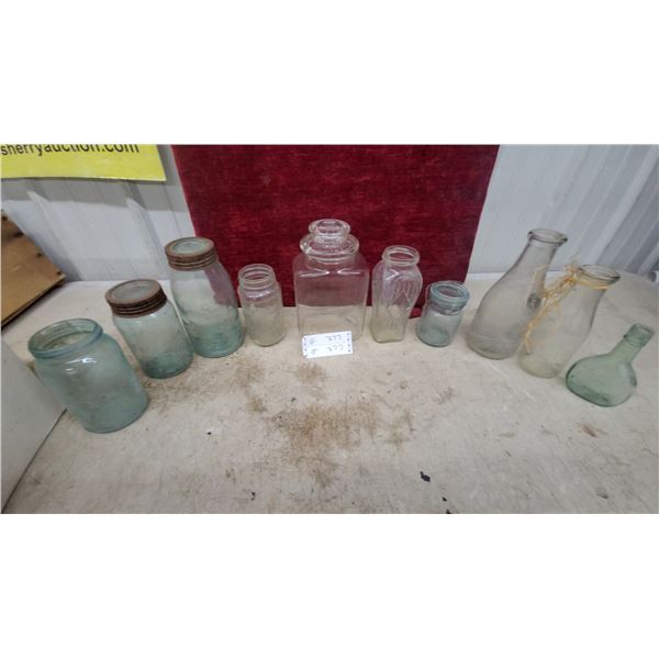Lot of Vintage Aqua Canning Jars, Clear Glass Bottles, and Apothecary Jar and More
