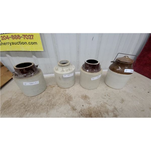 Lot of Four Antique Two-Tone Stoneware Crocks and Jugs with Wire Bail Handle