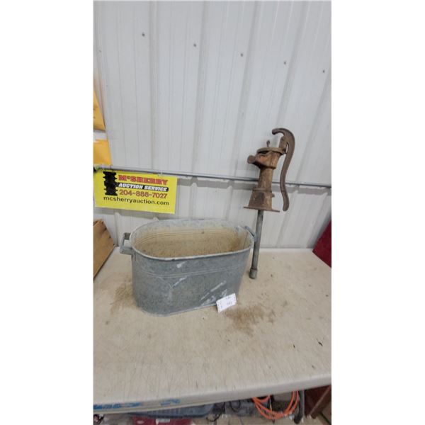 Antique Cast Iron Hand Water Pump on Galvanized Pipe and Galvanized Oval Tub