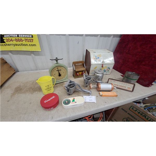 Vintage Kitchen Lot: Salter Scale, Kellogg's Corn Flakes Radio, Recipe Box, Bread Box, and More