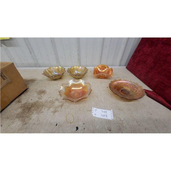 Marigold Carnival Glass Ruffled Bowls, Plates, and More (5 Pieces)