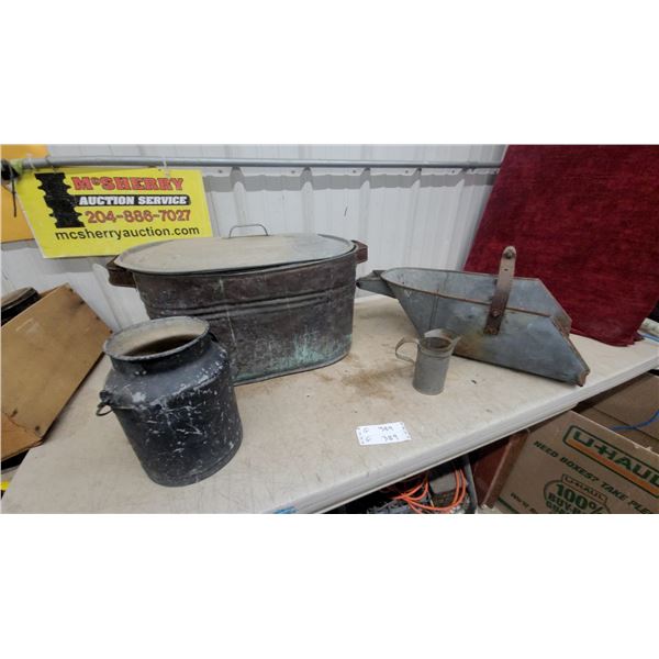 Vintage Galvanized Milk Can, Oval Wash Boiler with Lid, Grain Scoop