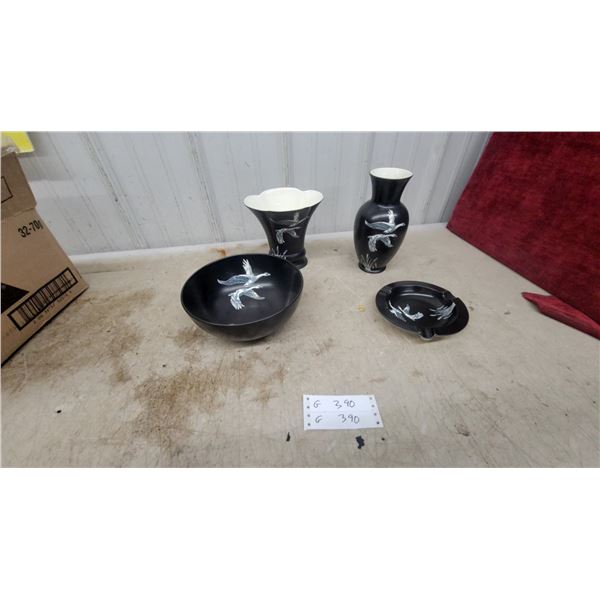 Crown Devon Black Matte Pottery Set with Hand-Painted Swans, Bowl, Vases, and Ashtray