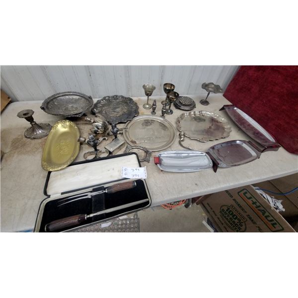 Silver-Plated Serving Pieces, Bread Tray, Candlesticks, Carving Set in Case, and More