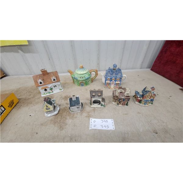 Collection of Ceramic House-Shaped Novelty Teapots and Miniature Village Houses