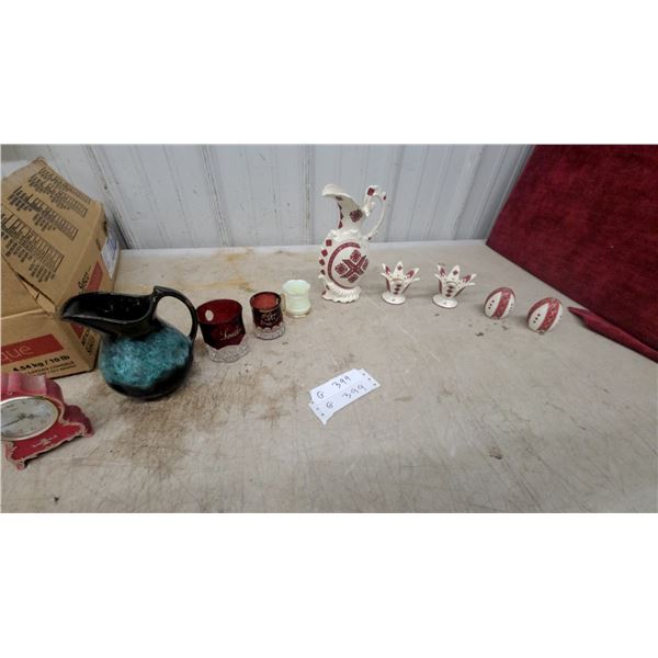 Red and White Folk Art Ceramic Pitcher, Eggs, and Vases with Black Glazed Pitcher and More