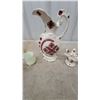 Image 4 : Red and White Folk Art Ceramic Pitcher, Eggs, and Vases with Black Glazed Pitcher and More