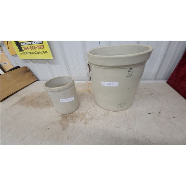 Medalta 5 Imperial Gallon Stoneware Crock and Smaller Stoneware Crock