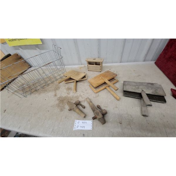 Antique Wooden Wool Hand Carders, Wooden Barrel Spigots, and More