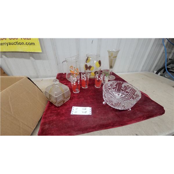 Cut Crystal Footed Serving Bowl, Vintage Decorated Glass Pitchers, Tumblers, and More