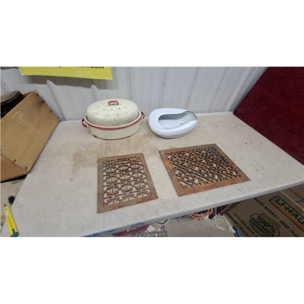 Two Antique Cast Iron Floor Register Grates, Enamelware Pot, and Female Portable Urinal