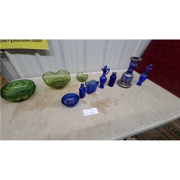 Cobalt Blue and Green Art Glass Collection, Bottles, Bowls, Vases, and More