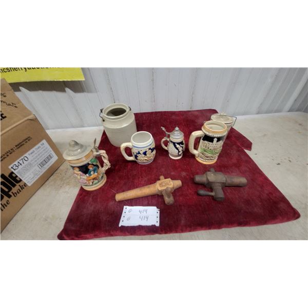Collection of Miniature German Beer Steins, Stoneware Crock, and Spigots