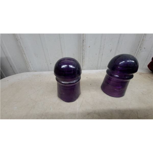 Pair of Antique Purpole Solarized Amethyst Glass Pin-Type Telegraph Insulators, Pre-1930s 1good
