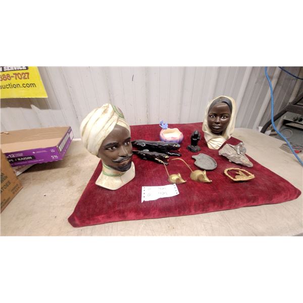 Vintage Ceramic Bust Figurines, Gold Leaf Dishes, Pewter Plaque, and More Panther Ornaments