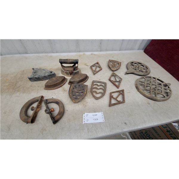 Antique Cast Iron Sad Irons, Mrs. Potts Iron, Fluting Iron, Trivets, and More