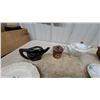 Image 3 : Assorted China Plates, Teapots, Black Pitcher, Stoneware Jar, and More