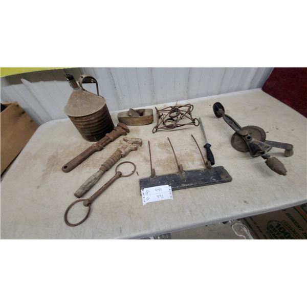 Vintage Cast Iron Breast Drill with, Trap, Pipe Wrench, and More