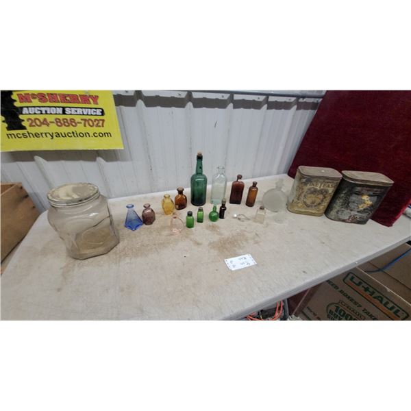 Vintage Bottle Collection with Lock Brand Fine Teas Tin, Apothecary Bottles, and More