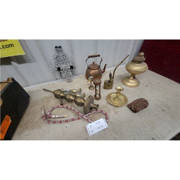 Brass Hookah Pipe, Brass Candlesticks, Copper Teapot, Iron Wall Sconce, and More