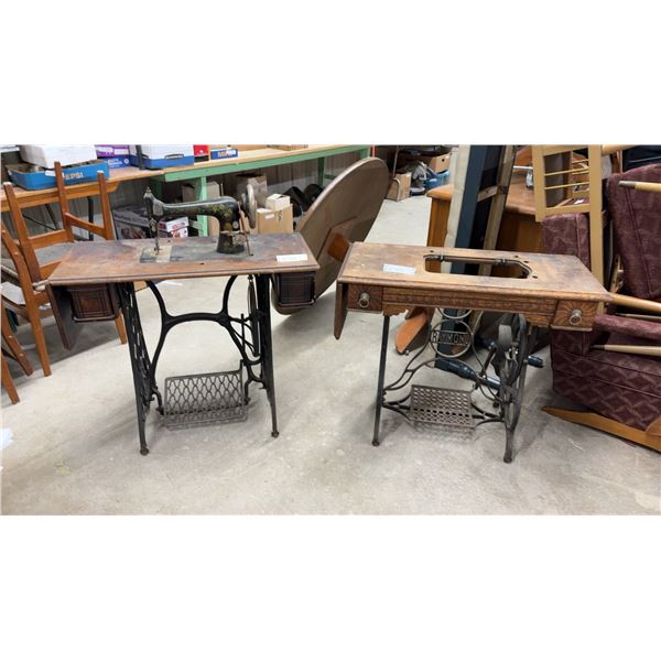 Singer Model 27 Treadle Sewing Machine with Cast Iron Base Cabinet & Raymond Sewing Cabinet