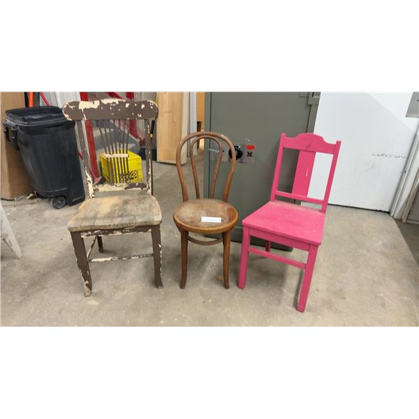 Lot of Three Wooden Chairs: Spindle-Back, Thonet-Style Bentwood, and Pink Slat-Back