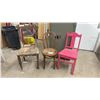 Image 1 : Lot of Three Wooden Chairs: Spindle-Back, Thonet-Style Bentwood, and Pink Slat-Back