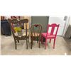 Image 2 : Lot of Three Wooden Chairs: Spindle-Back, Thonet-Style Bentwood, and Pink Slat-Back