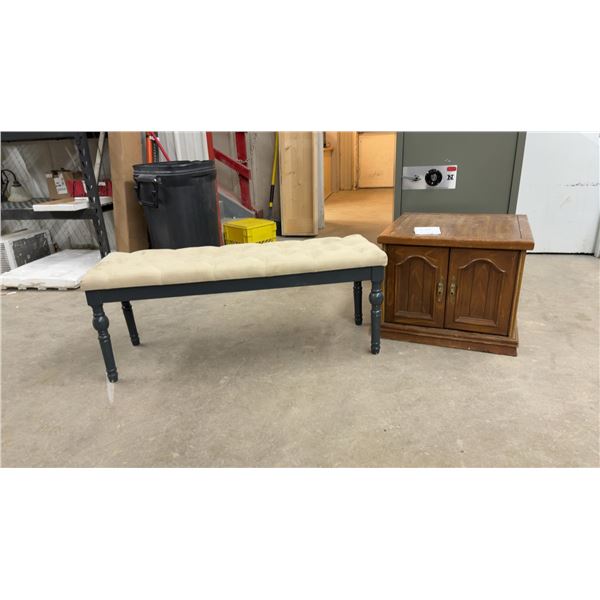 Beige Tufted Upholstered Bench with Turned Legs 48" Wide and Two-Door End Table