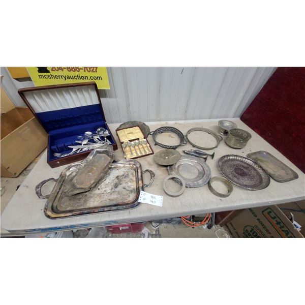 Silver-Plated Serving Trays, Flatware Set in Blue-Lined Case, Small Spoons, and More