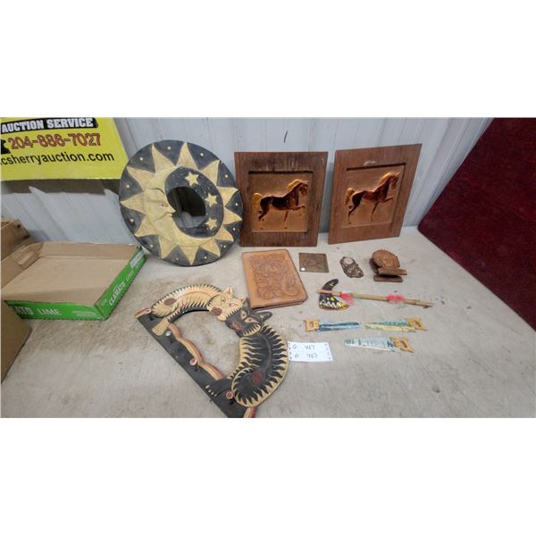 Pair of Copper Horse Relief Wall Plaques in Rustic Wood Frames and More