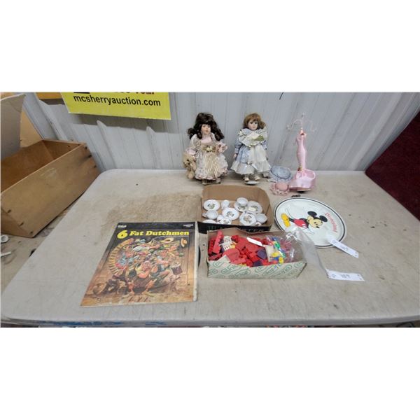 Vintage Disneyland Mickey Mouse Round Metal Serving Tray, Dolls, Tea Set, and More