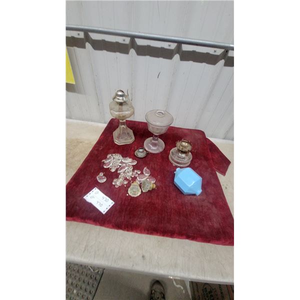 Vintage Glass Oil Lamp Bases, Covered Compote, Crystal Prisms, and More