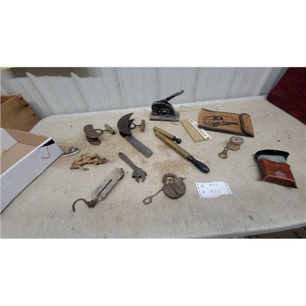 Vintage Cast Iron Railway Padlock with Chain, Lamp Filler Hanging Scale and More
