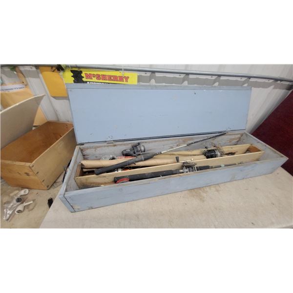 Wooden Fishing Rod Storage Cabinet with Assorted Fishing Rods, Reels, Bobbers, and More