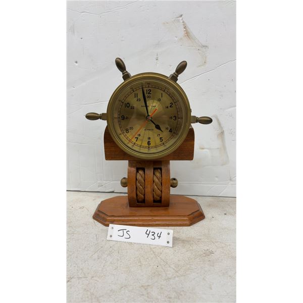 Ship's Time Quartz Nautical Ship's Wheel Desk Clock on Wooden Rope Stand, 11 1/2" Tall